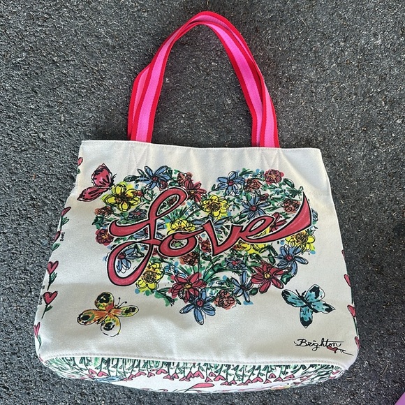 BRIGHTON Collectibles Love Tweet Tote Bag Heart Floral Birds Canvas Butterfly - Picture 2 of 4
